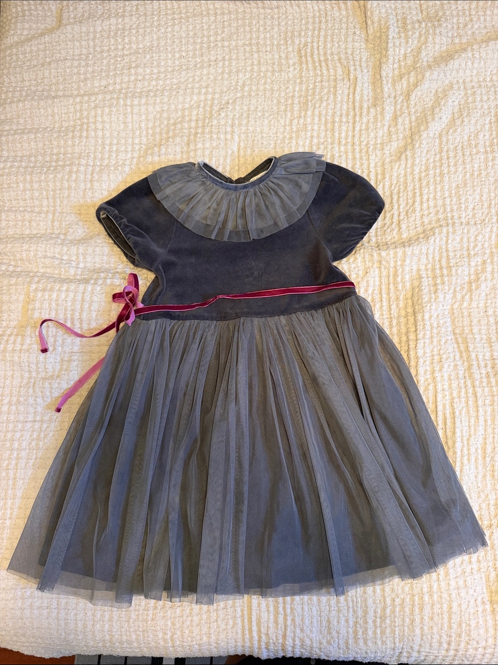 Girls Formal Velvet & Tulle Dress with Pink Ribbon Accent